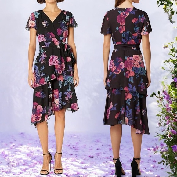 NEW Tahari ASL Tiered Asymmetrical Floral Fairy Garden Ruffle Dress Size 10 - Picture 1 of 11